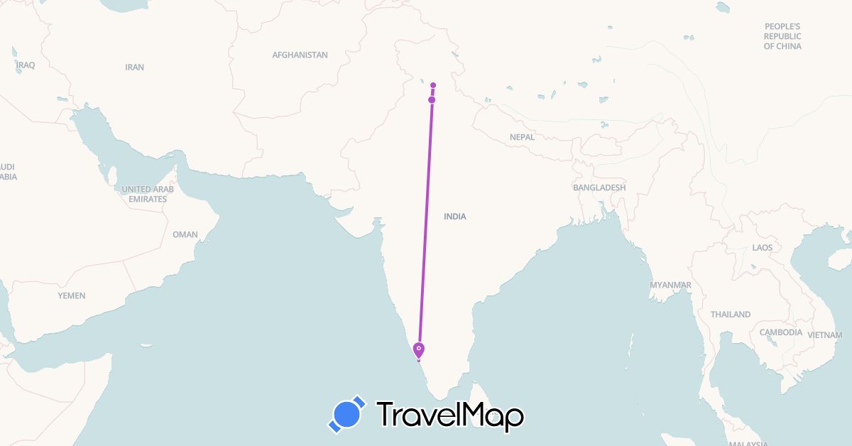 TravelMap itinerary: train in India (Asia)